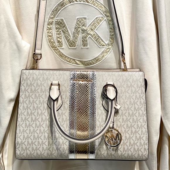 Michael Kors Sheila Medium Signature Logo and Metallic Satchel Crossbody - Picture 15 of 16